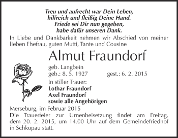 Traueranzeige von Almut Fraundorf von WVG - Wochenspiegel Merseburg
