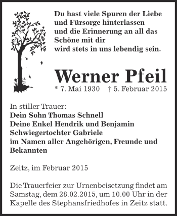 Traueranzeige von Werner Pfeil von Super Sonntag Zeitz