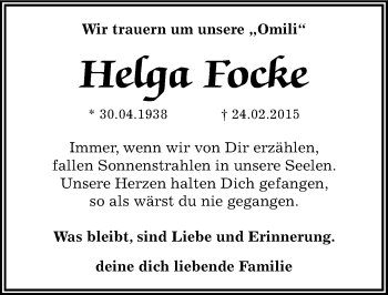 Traueranzeige von Helga Focke von Mitteldeutsche Zeitung Dessau-Roßlau