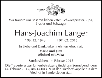 Traueranzeige von Hans-Joachim Langer von Mitteldeutsche Zeitung Mansfelder Land