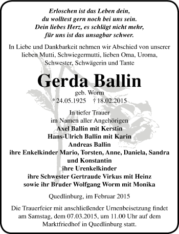 Traueranzeige von Gerda Ballin von Mitteldeutsche Zeitung Quedlinburg
