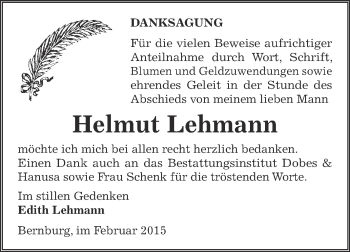 Traueranzeige von Helmut Lehmann von Super Sonntag Bernburg