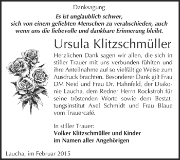 Traueranzeige von Ursula Klitzschmüller von WVG - Wochenspiegel NMB / WSF / ZTZ