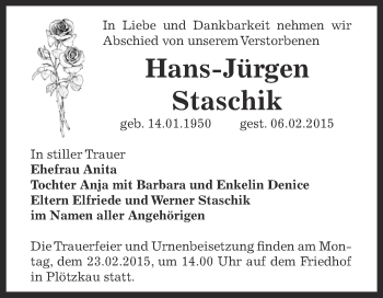 Traueranzeige von Hans-Jürgen Staschik von Super Sonntag Bernburg