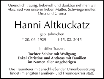 Traueranzeige von Hanni Altkuckatz von Mitteldeutsche Zeitung Halle/Saalkreis