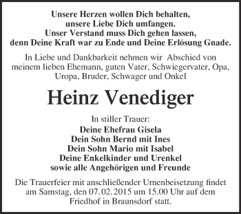 Traueranzeige von Heinz Venediger von Super Sonntag Wittenberg