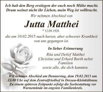 Traueranzeige von Jutta Matthei von WVG - Wochenspiegel Dessau / Köthen