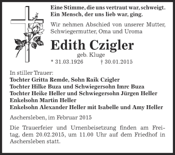 Traueranzeige von Edith Czigler von Super Sonntag Aschersleben