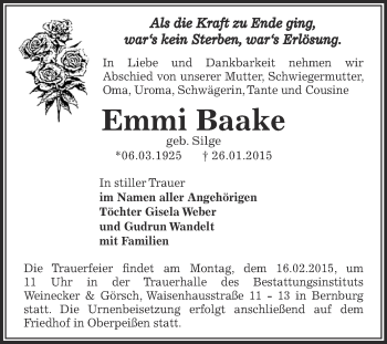 Traueranzeige von Emmi Baake von Super Sonntag Bernburg