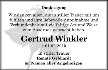 Traueranzeige von Gertrud Winkler von Mitteldeutsche Zeitung Bernburg