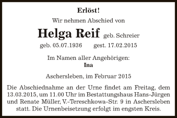 Traueranzeige von Helga Reif von Super Sonntag Aschersleben