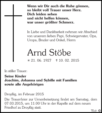 Traueranzeige von Arnd Stöbe von Super Sonntag Zeitz