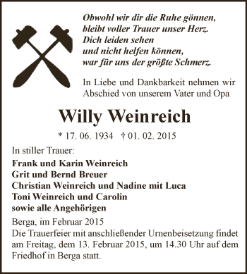 Traueranzeige von Willy Weinreich von Super Sonntag SGH Mansf. Land