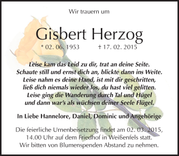 Traueranzeige von Gisbert Herzog von Mitteldeutsche Zeitung Weißenfels