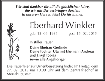 Traueranzeige von Eberhard Winkler von WVG - Wochenspiegel Merseburg