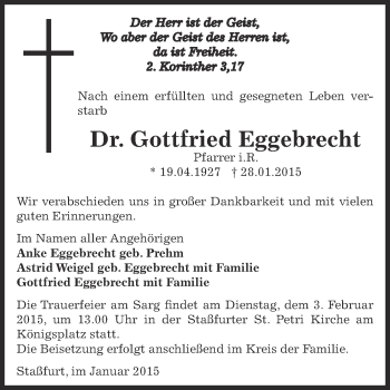 Traueranzeige von Gottfried Eggebrecht von Super Sonntag Bernburg