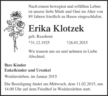 Traueranzeige von Erika Klotzek von Super Sonntag Quedlinburg