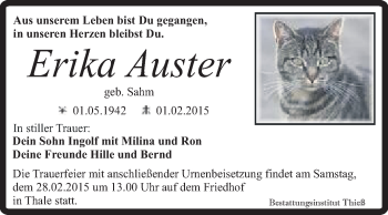 Traueranzeige von Erika Auster von Super Sonntag Quedlinburg