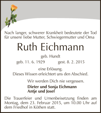 Traueranzeige von Ruth Eichmann von WVG - Wochenspiegel Dessau / Köthen