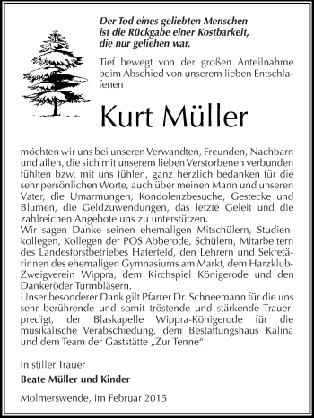 Traueranzeige von Kurt Müller von Super Sonntag SGH Mansf. Land