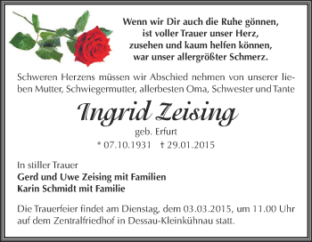 Traueranzeige von Ingrid Zeising von WVG - Wochenspiegel Dessau / Köthen