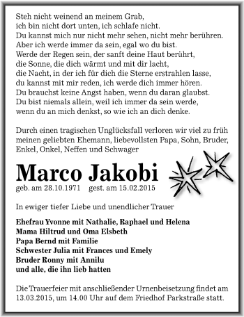 Traueranzeige von Marco Jakobi von Mitteldeutsche Zeitung Bernburg