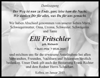 Traueranzeige von Elli Fritschler von WVG - Wochenspiegel SGH