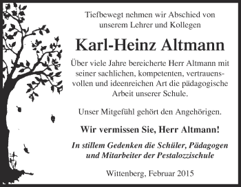 Traueranzeige von Karl-Heinz Altmann von Super Sonntag Wittenberg