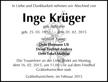 Traueranzeige von Inge Krüger von Mitteldeutsche Zeitung Wittenberg