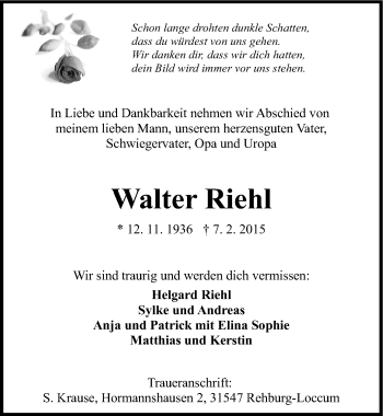 Traueranzeige von Walter Riehl von Mitteldeutsche Zeitung Bitterfeld