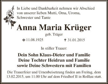 Traueranzeige von Anna Maria Krüger von WVG - Wochenspiegel Dessau / Köthen