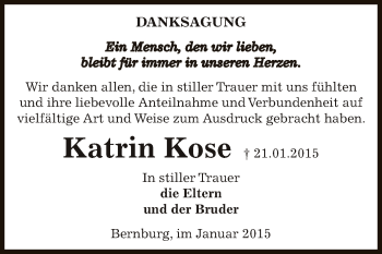 Traueranzeige von Katrin Kose von Super Sonntag Bernburg