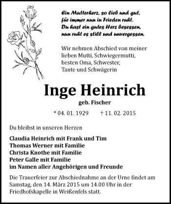 Traueranzeige von Inge Heinrich von Mitteldeutsche Zeitung Weißenfels