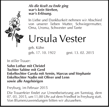 Traueranzeige von Ursula Vester von Mitteldeutsche Zeitung Naumburg/Nebra