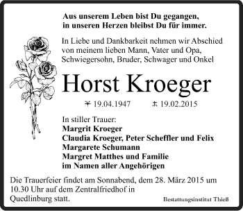 Traueranzeige von Horst Kroeger von Mitteldeutsche Zeitung Quedlinburg