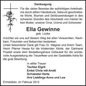 Traueranzeige von Ella Gewinne von WVG - Wochenspiegel Quedlinburg