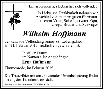 Traueranzeige von Wilhelm Hoffmann von Mitteldeutsche Zeitung Quedlinburg