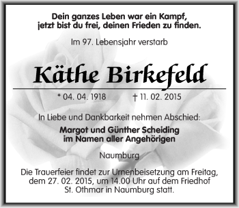 Traueranzeige von Käthe Birkefeld von Mitteldeutsche Zeitung Naumburg/Nebra