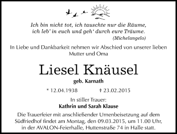 Traueranzeige von Liesel Knäusel von Mitteldeutsche Zeitung Halle/Saalkreis