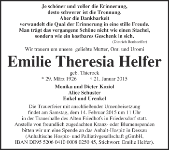 Traueranzeige von Emilie Theresia Helfer von WVG - Wochenspiegel Bitterfeld