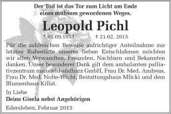 Traueranzeige von Leopold Pichl von Super Sonntag SGH Mansf. Land