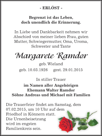 Traueranzeige von Margarete Ramdor von Super Sonntag Bernburg