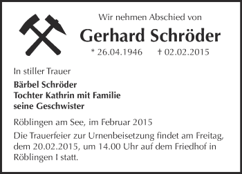 Traueranzeige von Gerhard Schröder von Wochenspiegel Mansfelder Land