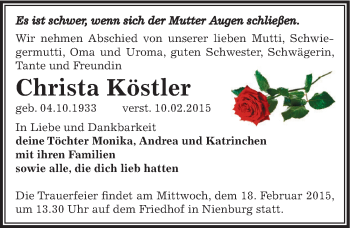 Traueranzeige von Christa Köstler von Mitteldeutsche Zeitung Bernburg