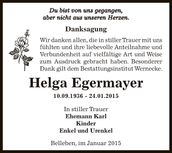 Traueranzeige von Helga Egermayer von Super Sonntag Bernburg