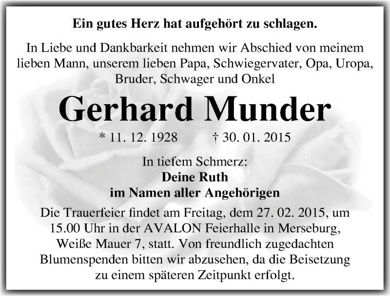  Traueranzeige für Gerhard Munder vom 14.02.2015 aus Mitteldeutsche Zeitung Merseburg/Querfurt