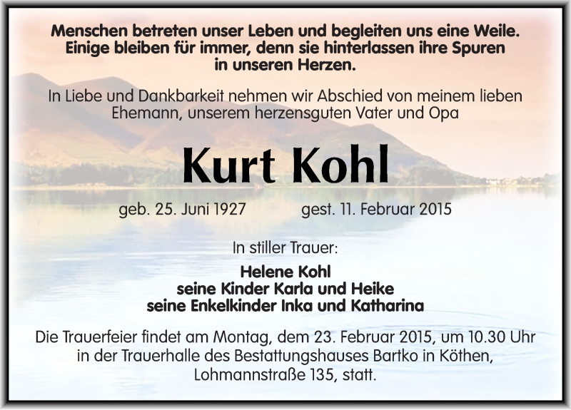  Traueranzeige für Kurt Kohl vom 13.02.2015 aus Mitteldeutsche Zeitung Köthen