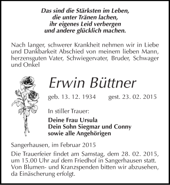 Traueranzeige von Erwin Büttner von Mitteldeutsche Zeitung Sangerhausen