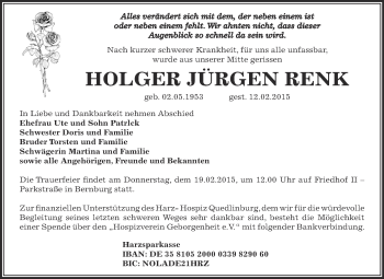 Traueranzeige von Holger Jürgen Renk von Super Sonntag Bernburg