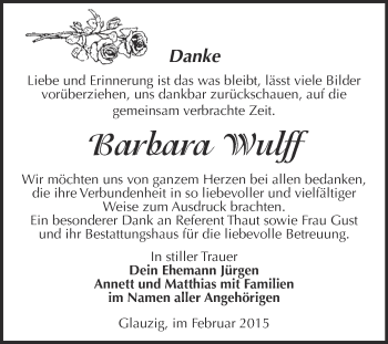 Traueranzeige von Barbara Wulff von WVG - Wochenspiegel Dessau / Köthen
